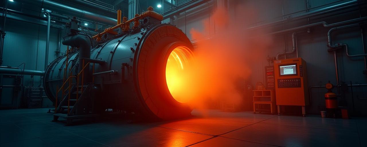 A modern industrial pharmaceutical kiln glowing orange during operation